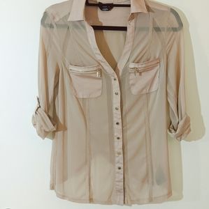 bebe Tan Blouse with Buttons, Pockets